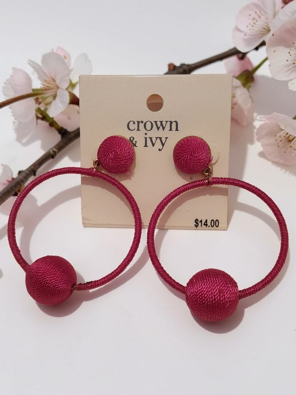 crown & ivy Magenta Hoop Earrings with Wrapped Ball Accents
